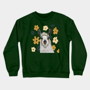 Boho Llama on Retro Green Flowers Crewneck Sweatshirt